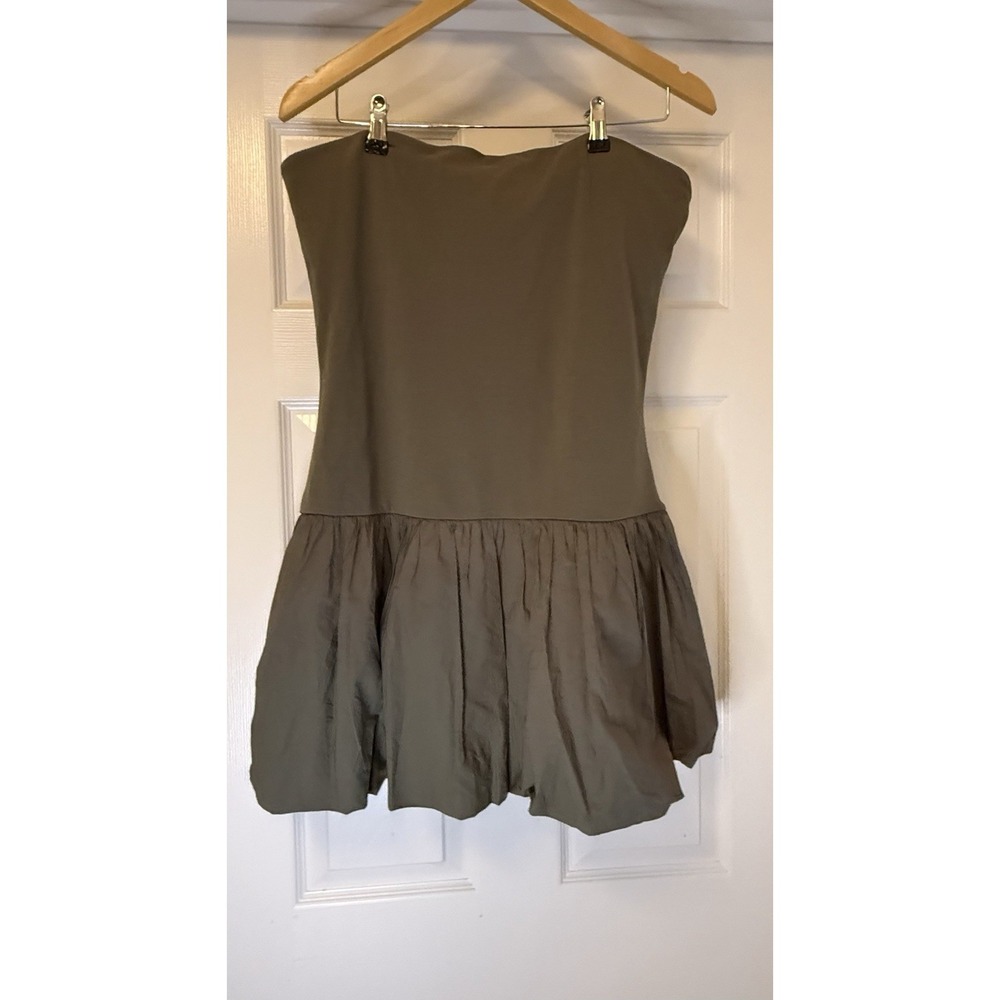 American Eagle Strapless Mini Dress Womens Large Olive Green Puff Bubble Hem NEW